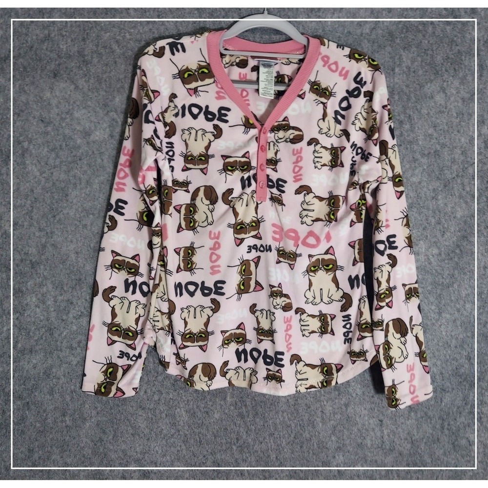 Grumpy Cat Pajama Top S Pink Fleece Crystal Nope Long Sleeve Sleepwear Lounge PJ
